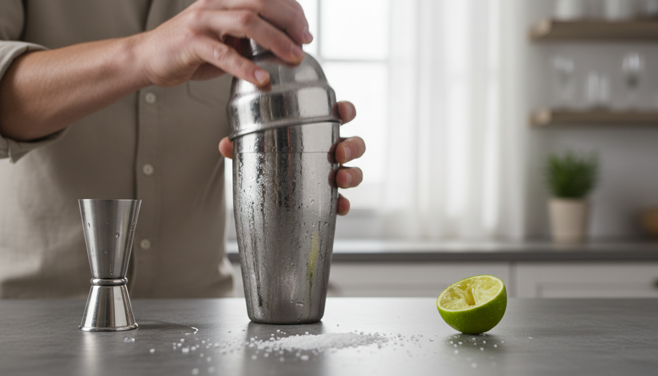 Action Shot of Shaking the Cocktail with frosted shaker and motion blur.