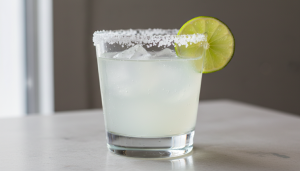 Classic Margarita Hero Shot with half salt rim and lime wheel in natural light.
