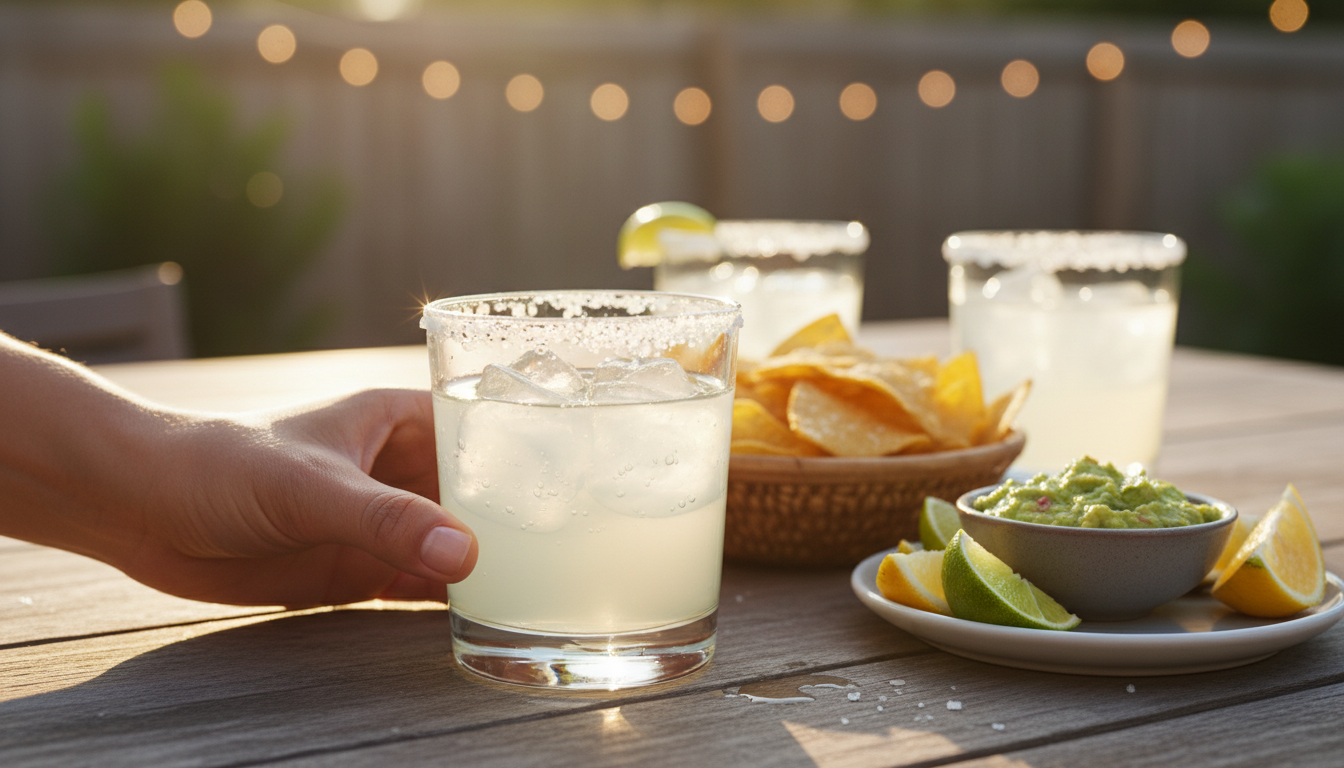Lifestyle Serving Scene outdoors with chips, guacamole, and warm golden hour light.