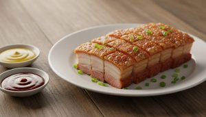 Hero close-up plate of sliced siu yuk with blistered crackling, scallions, and dipping sauces.