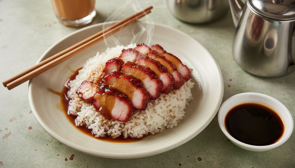 Overhead hero shot of sliced Char Siu over steaming white rice with sweet soy sauce and chopsticks, styled in a soft Hong Kong tea house setting.
