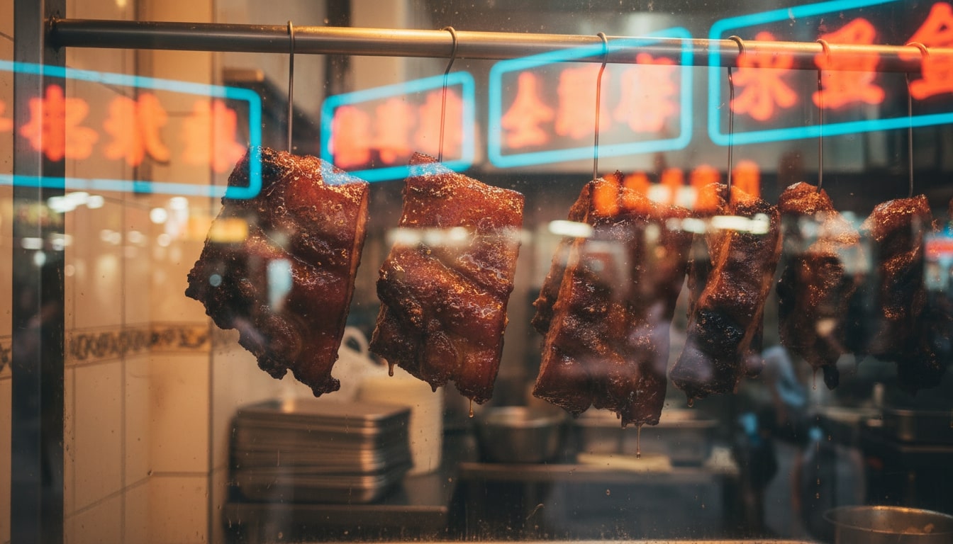 Cinematic close-up of Char Siu slabs hanging in a traditional Hong Kong siu mei shop window, glistening with caramelized glaze against blurred neon-lit street reflections.