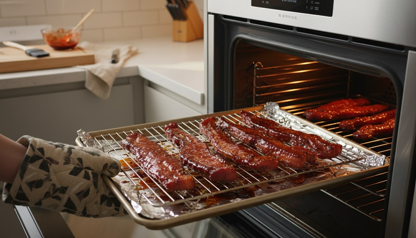 Home-cook oven scene showing Char Siu strips roasting on a rack over a foil-lined tray, glaze caramelizing in a modern bright kitchen.