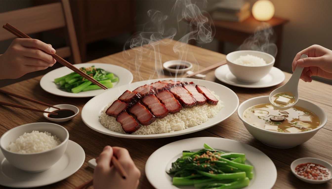 Cozy family-style dinner table with a large platter of Char Siu over rice, simple Cantonese sides, and hands reaching in to serve, in warm, nostalgic lighting.