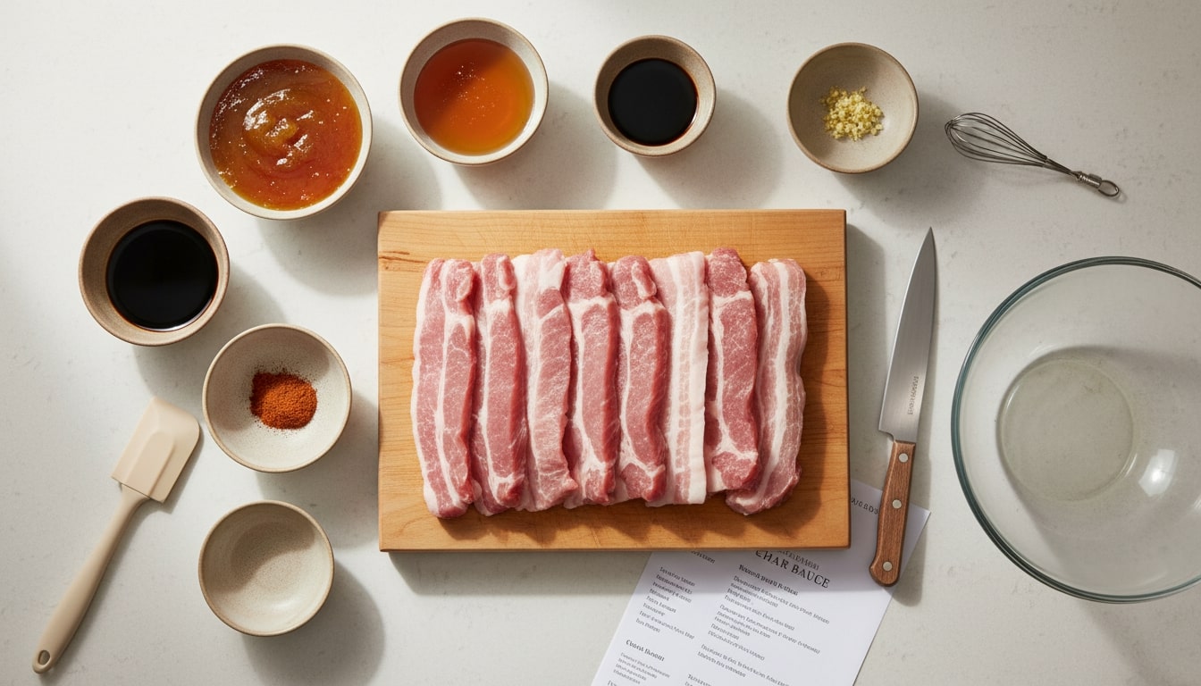 Flat-lay prep scene of raw pork butt strips on a board, bowls of marinade ingredients, recipe sheet, and tools on a clean, modern counter in bright natural light.