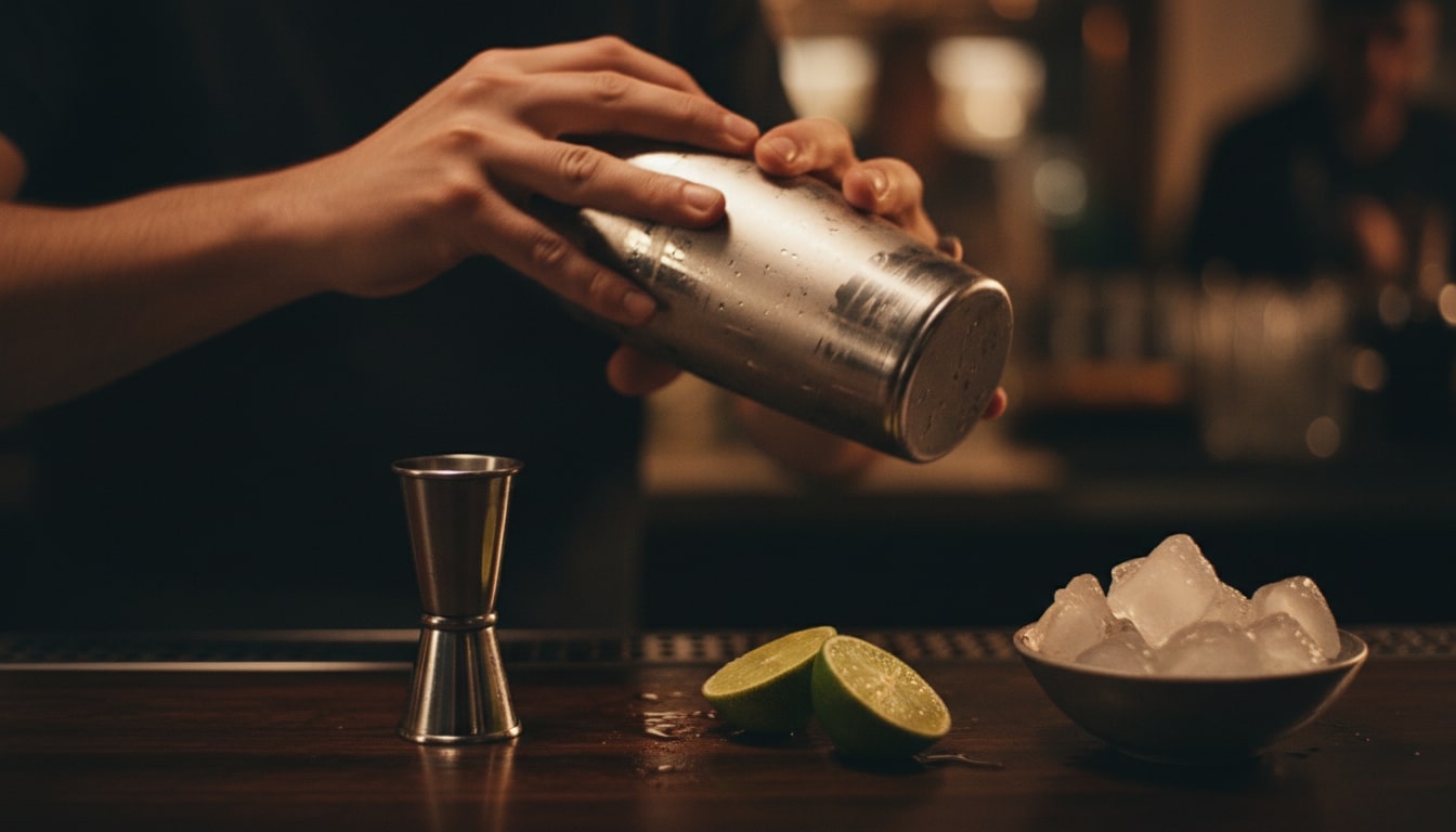 Action shot of shaking a Boston shaker.