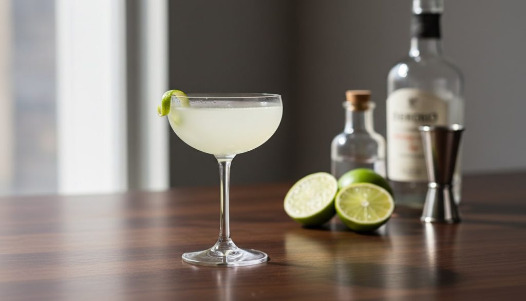 Hero photo of a Daiquiri cocktail in a coupe with lime twist and ingredients in the background