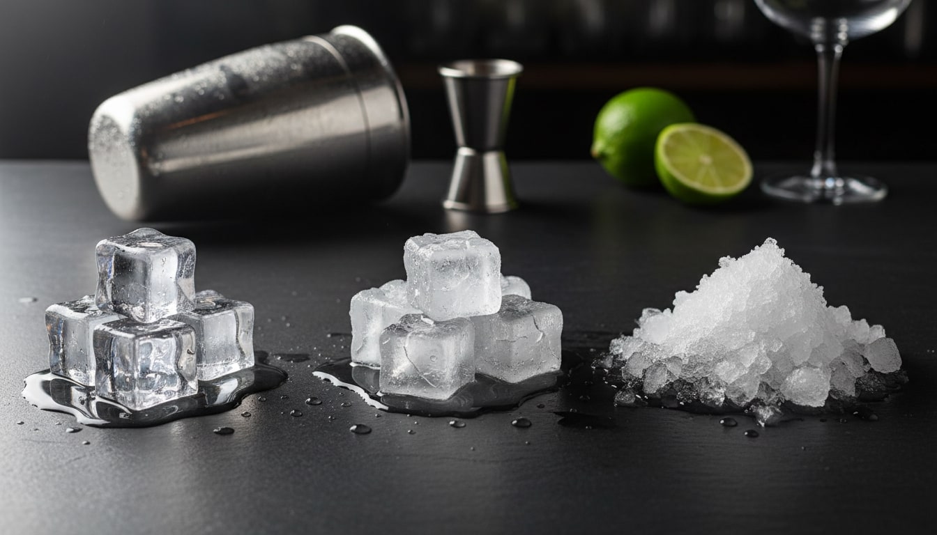 “Ice problem” comparison image (clear cubes vs frosty tray ice vs crushed ice)