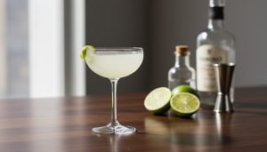 Hero photo of a Daiquiri cocktail in a coupe with lime twist and ingredients in the background