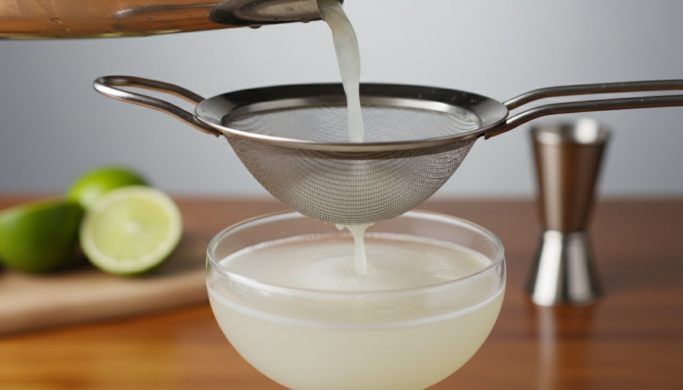 Double-strain pour shot into a chilled coupe