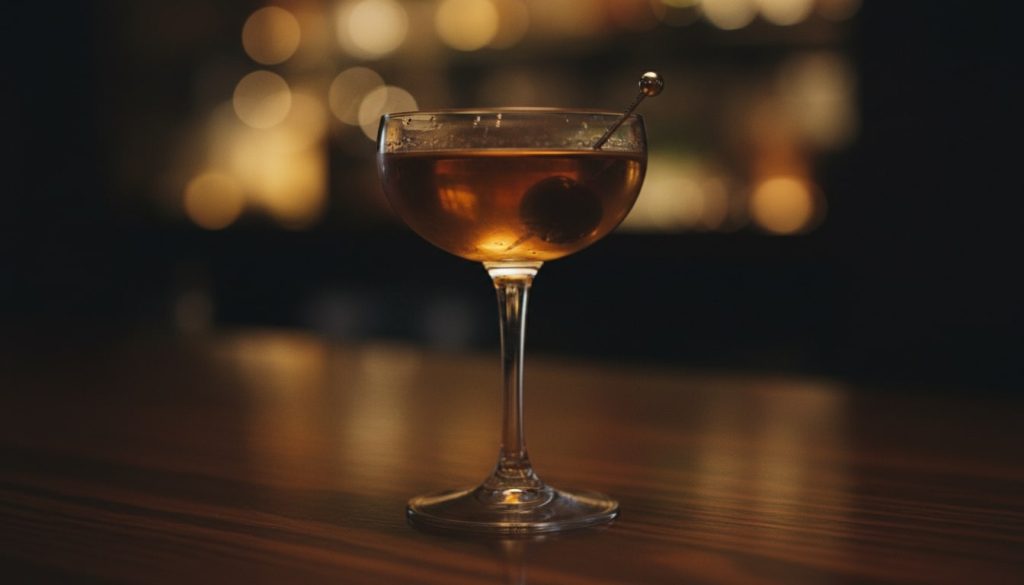 A cinematic close-up of a classic Manhattan in a coupe glass on a dark wooden bar, with a brandied cherry and warm, moody lighting.