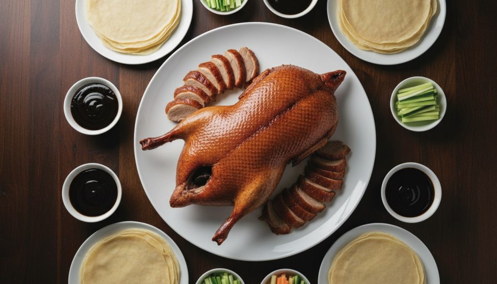 An image of a peking duck served with scalions, pancakes, and other vegetables.