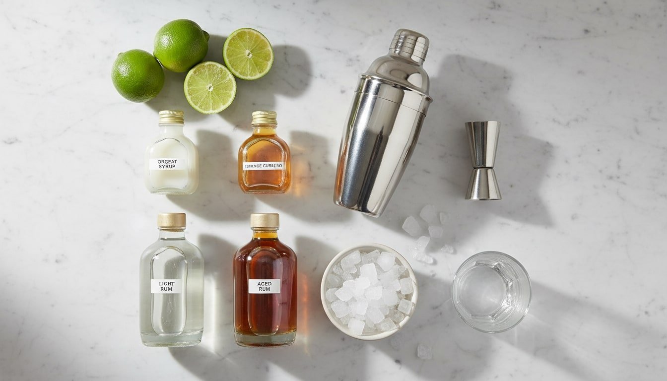 Mixing flat-lay (shaker, jigger, limes, orgeat, curaçao, rums, ice, glass)