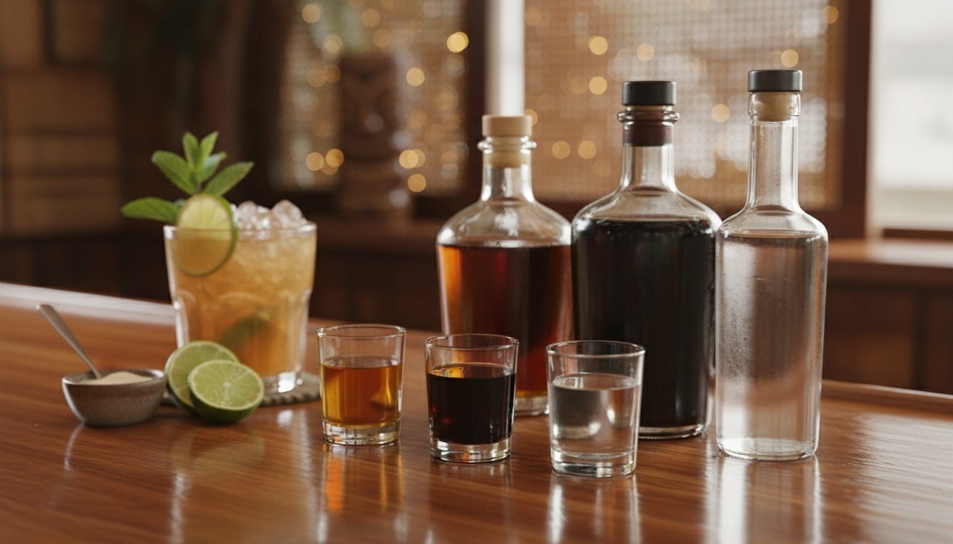 Rum combinations (three rum pours plus blurred finished Mai Tai)