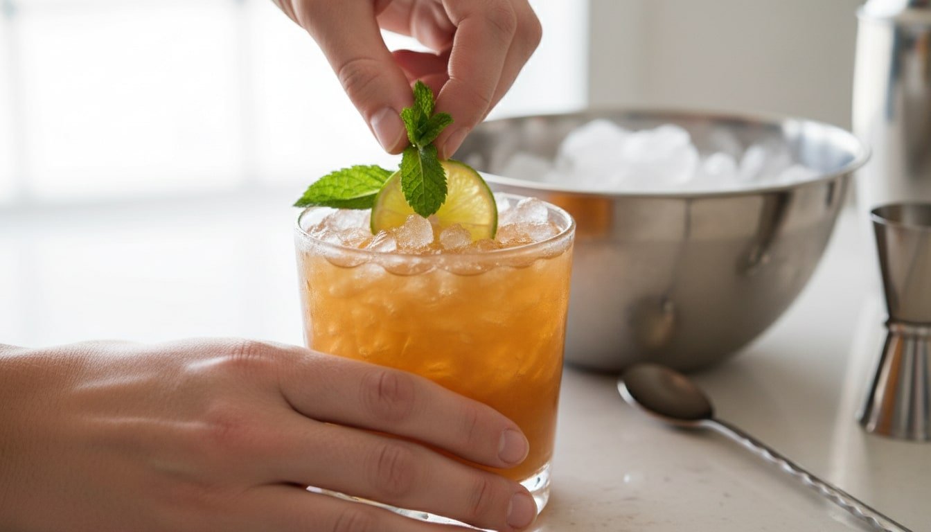 Garnish action shot (hands placing mint and lime into the drink)