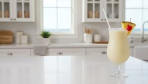 Main Piña Colada hero image (hurricane glass, coastal kitchen, negative space for headline)