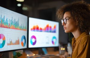 An image of a worker with a dual monitor setup.