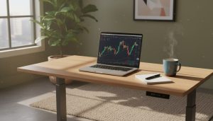 A cozy, photorealistic desk setup with coffee and charts, suitable as a main header image.