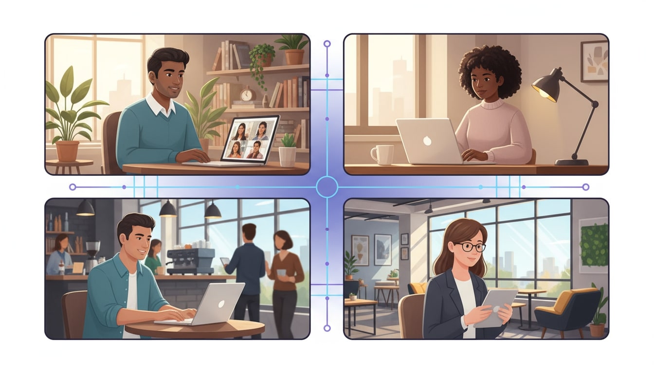 A split-screen illustration showing diverse professionals working remotely from different locations, connected digitally.