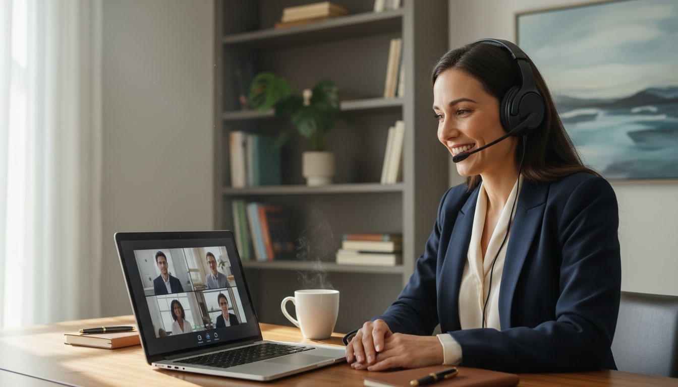 A professional conducting a successful video interview from their home office, appearing confident and engaged during the virtual meeting.