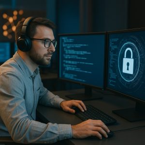 An image of a person doing one of many cyber security jobs.