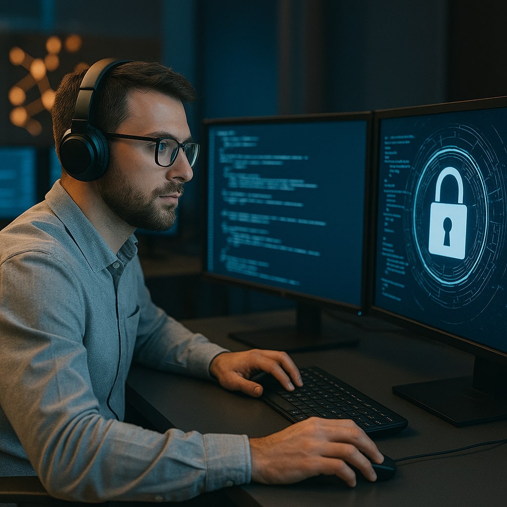 An image of a person doing one of many cyber security jobs.