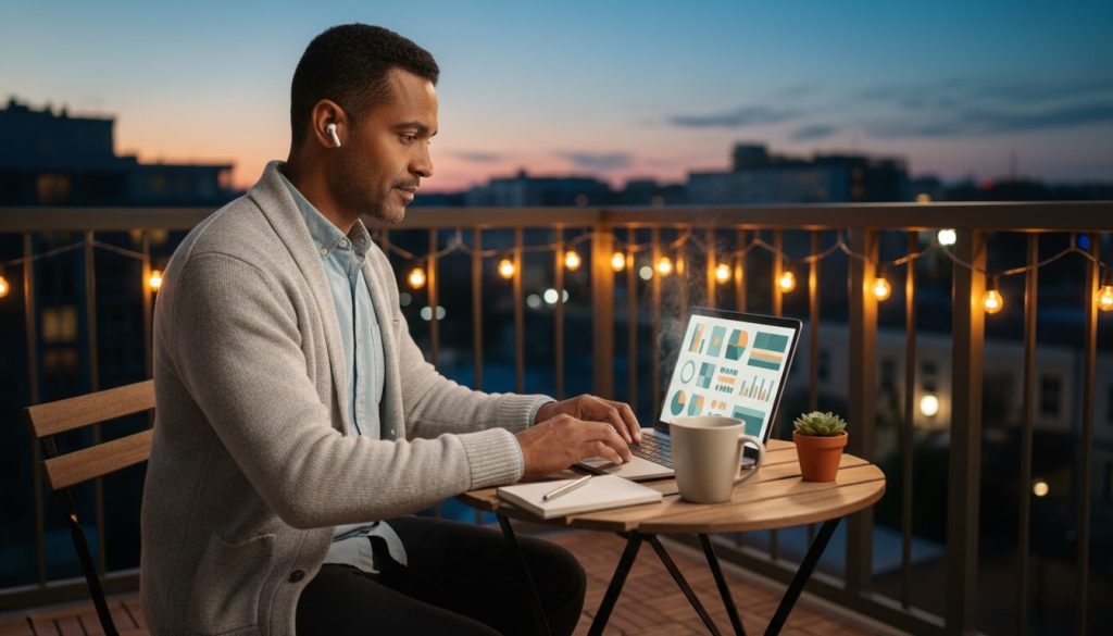 An image of Balcony at dusk with a focused worker and city backdrop for an article on easy remote jobs.