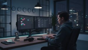 An image of a night shift global support with dark mode dashboards, world clocks, and a 2FA prompt for an article about remote assistant jobs.