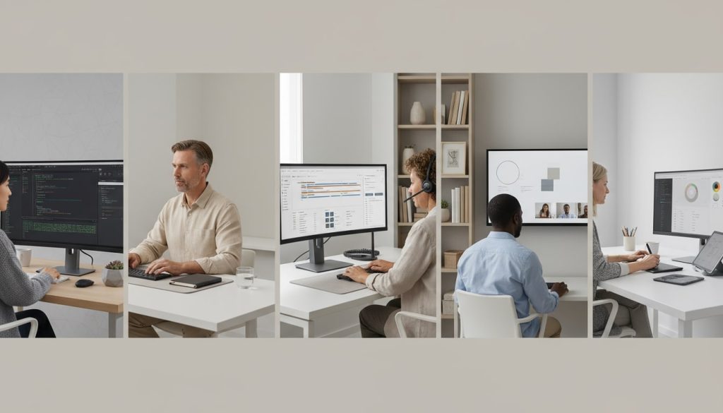 An image of various remote workers going through job interview questions for WFH roles.