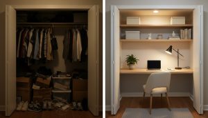 Split-screen image showing the same reach-in closet messy and cluttered on the left, then cleaned and converted into a bright, organized closet office on the right.