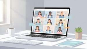 Diverse remote team on a video call, each in their own home office. Shows strong engagement, listening, and speaking, with subtle UI icons and chat bubbles to emphasize communication skills.
