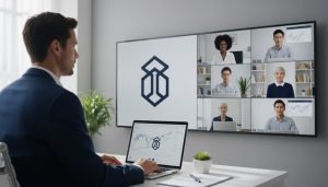 A diverse group of professionals working remotely on laptops, with a virtual background and laptop branding styled after JPMorgan Chase corporate visuals.