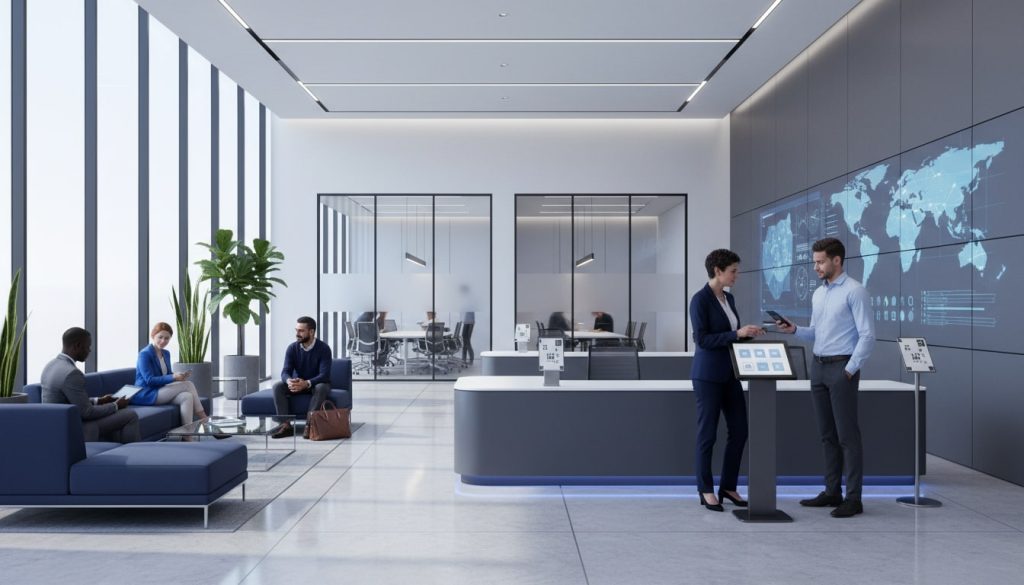 A modern IBM‑inspired careers office lobby with a blue and graphite palette, glass walls, a Careers Center reception, digital world map displays, and diverse candidates.