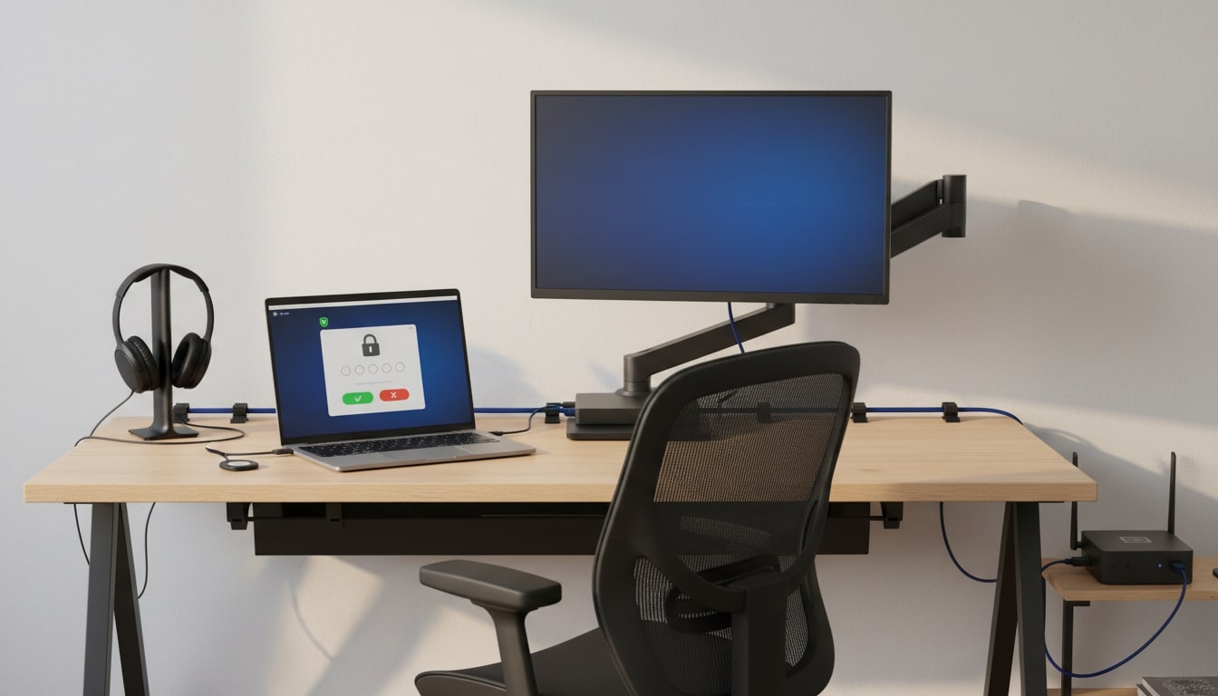Secure remote setup with MFA, VPN, and tidy cable management.