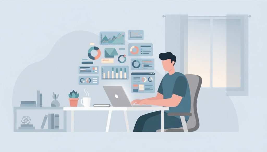 Remote data analyst working from a modern home office, surrounded by floating charts and dashboards.