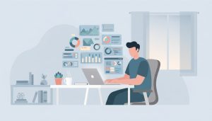 Remote data analyst working from a modern home office, surrounded by floating charts and dashboards.