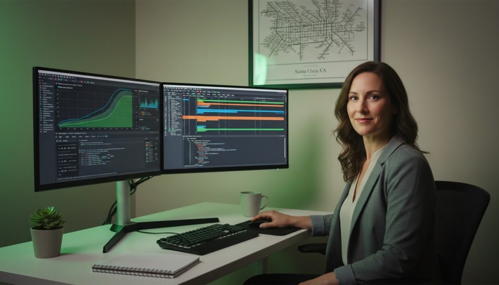 An image of a Remote engineer in a dual-monitor home office with GPU profiling visuals for an article about remote Nvidia careers.