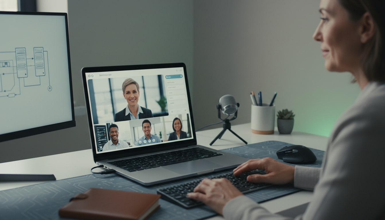 Remote video interview scene with recruiter and panel.