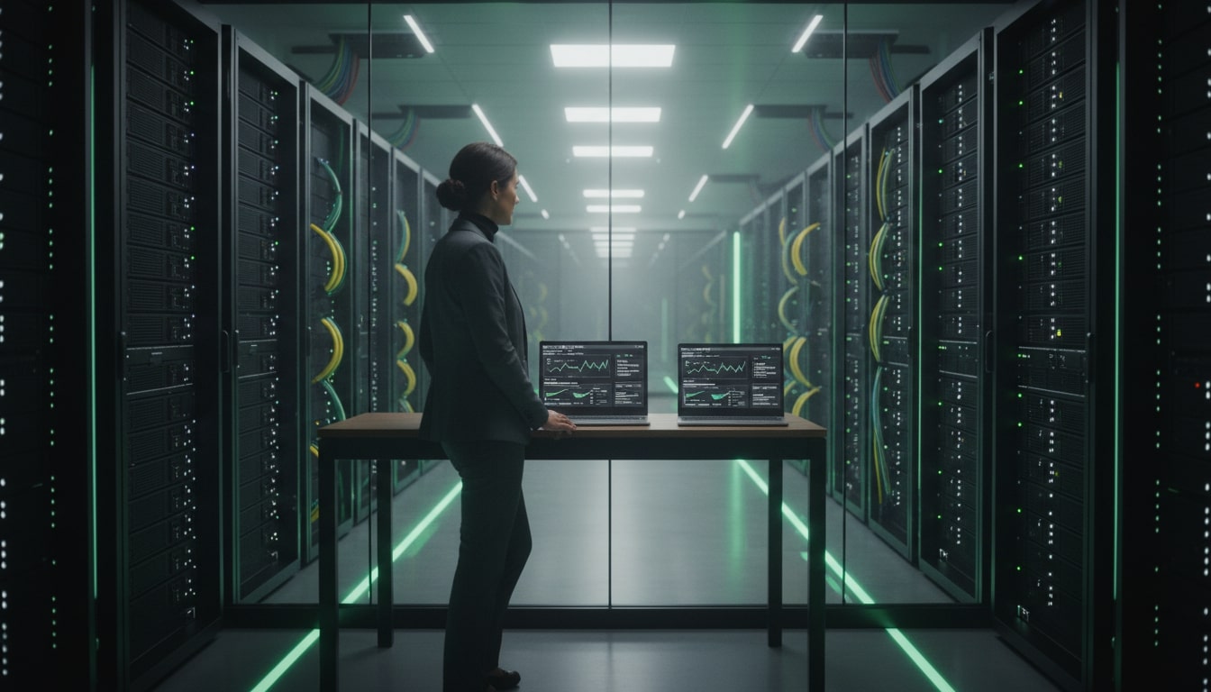 GPU data center monitoring vibe with dashboards and racks.