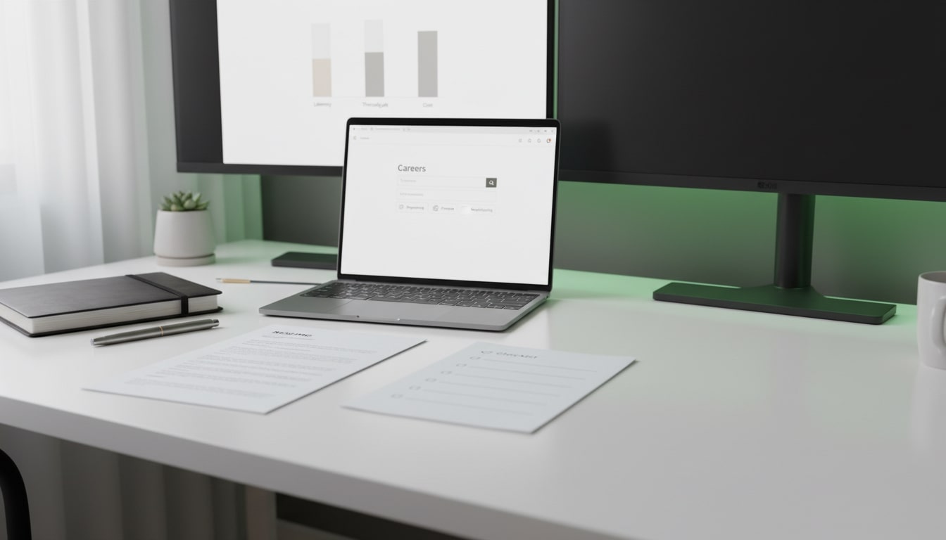 Strategic application desk setup with resume, portal filters, metrics charts.