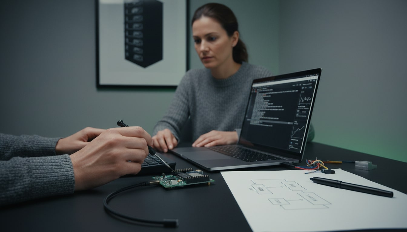 Firmware and server management desk scene with BMC-style debug console visuals.
