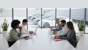 A minimalist tech-blog style image of diverse professionals working remotely on laptops with Tesla-like vehicles and solar panels subtly in the background.