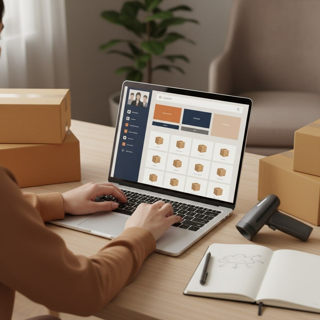 Close up of a woman’s hands on a laptop showing a generic ecommerce dashboard and a small video call window with teammates.