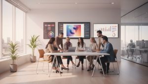 A broad Adobe careers feature: diverse mid-career professionals collaborating in a modern office with subtle Adobe-style UI on large screens.