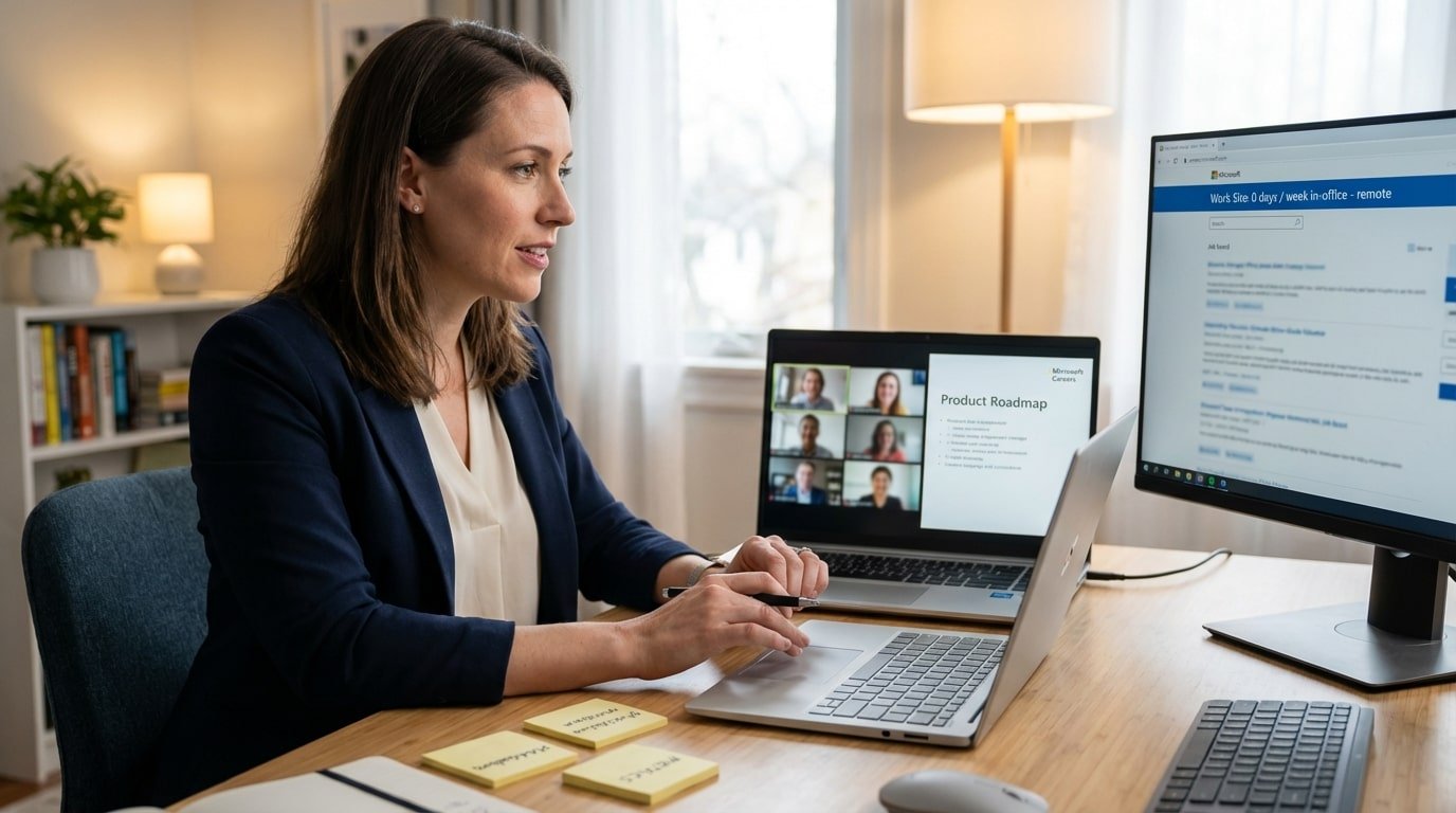 Virtual roadmap planning session with “Work Site: 0 days / week in-office - remote” visible on a careers posting, plus PM-oriented desk notes.