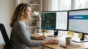 Dual monitors with code and a generic cloud architecture diagram, plus a Microsoft Careers job listing context and notes referencing remote expectations.