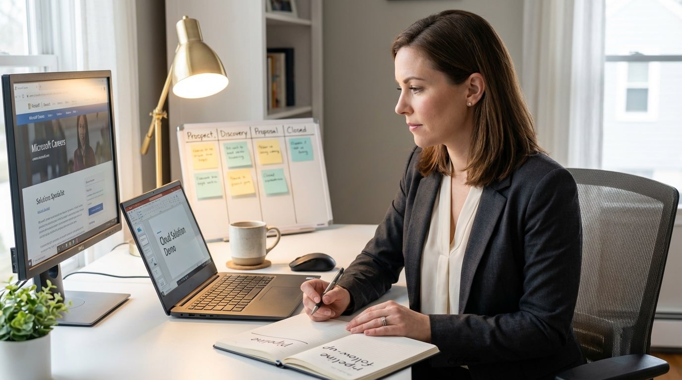 Virtual demo preparation with pipeline stages and a careers listing titled “Solutions Specialist,” plus pipeline and follow-up notes.