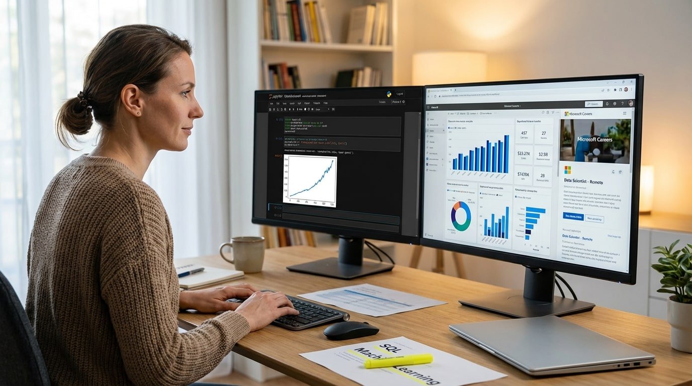 Jupyter-style notebook plus an analytics dashboard labeled “Power BI” (text only), and a careers listing titled “Data Scientist,” with skills sheet highlights.