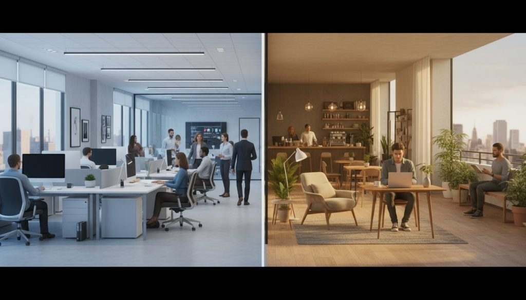 A fully 3D-rendered landscape image with a cool-toned open-plan office on the left and a warm-toned blend of home office, café, and outdoor terrace on the right, separated by a clear vertical divide.
