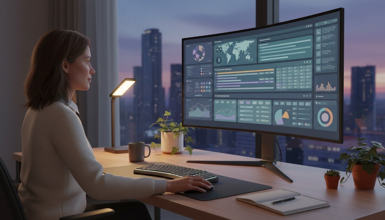 A realistic 3D home office with a woman in her late 30s at a sleek desk, where the ultra‑wide monitor now shows a rich AI-and-analytics dashboard: time zones, project timelines, task lists, summaries, and charts, not a simple video grid.